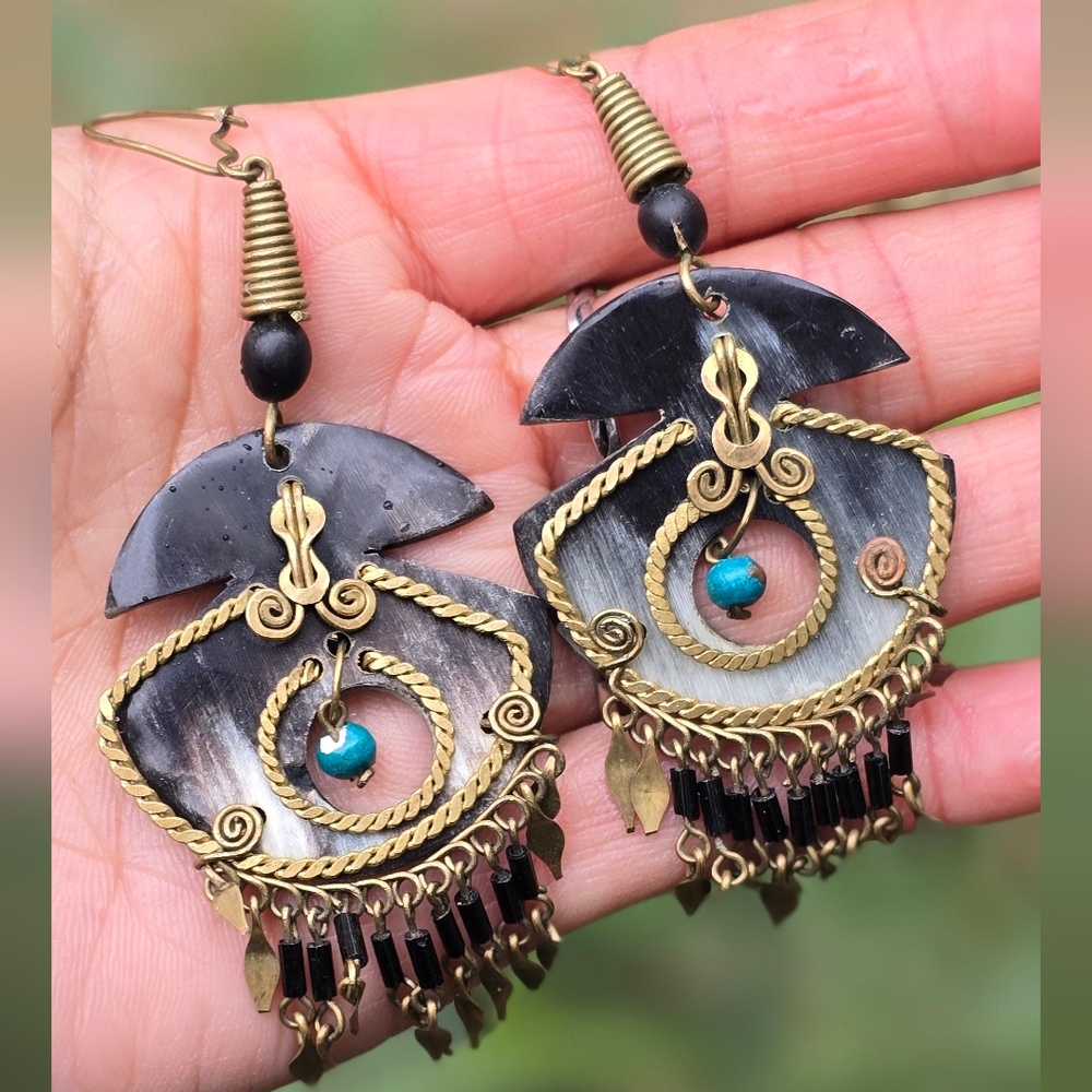 South American artisan handmade genuine buffalo horn ornate dangle earrings